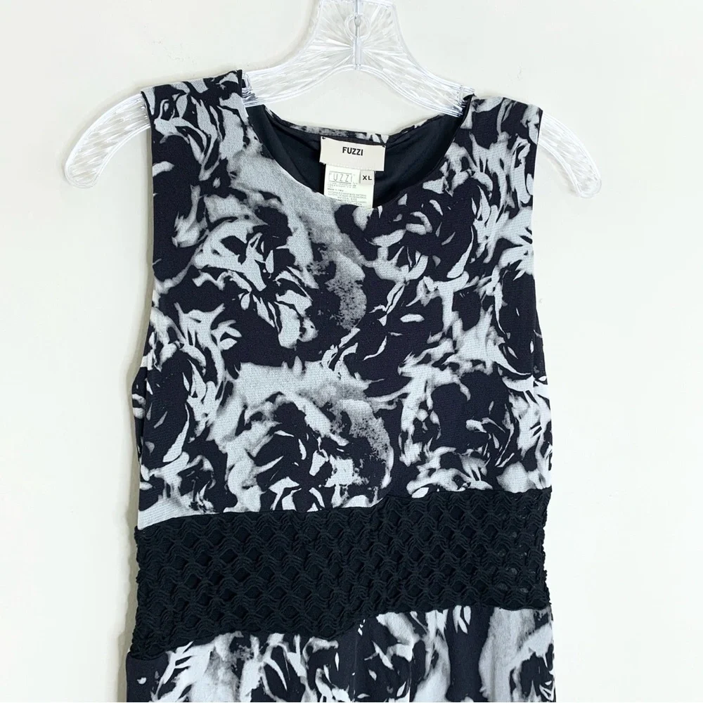 Fuzzi Cut-Out Sheer Waist Maxi Dress (Sz XL) Floral Print Black White Tulle